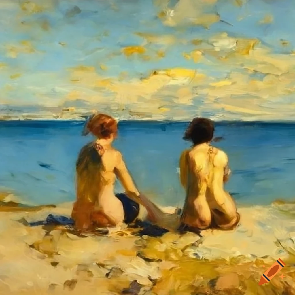 oil painting of sunbathers by the sea in Norway