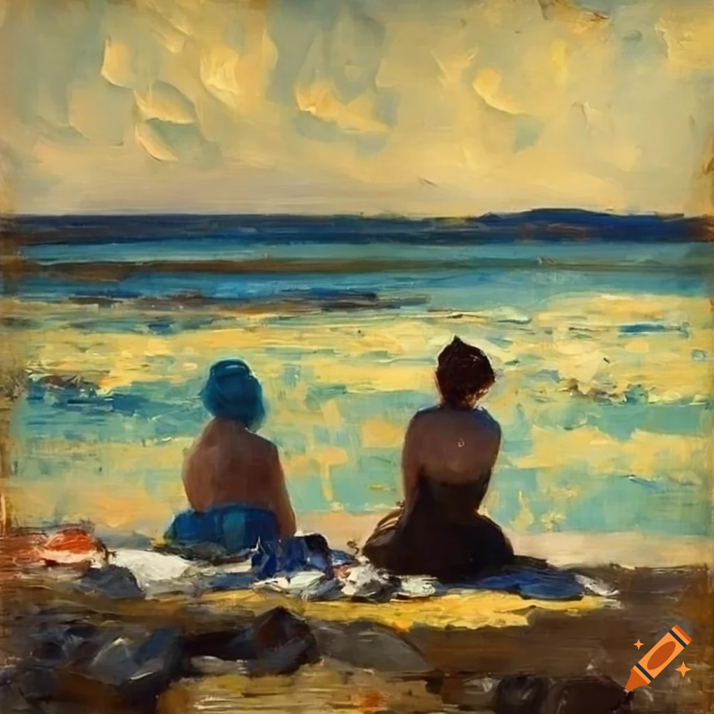 oil painting of women sunbathing by the sea in Norway