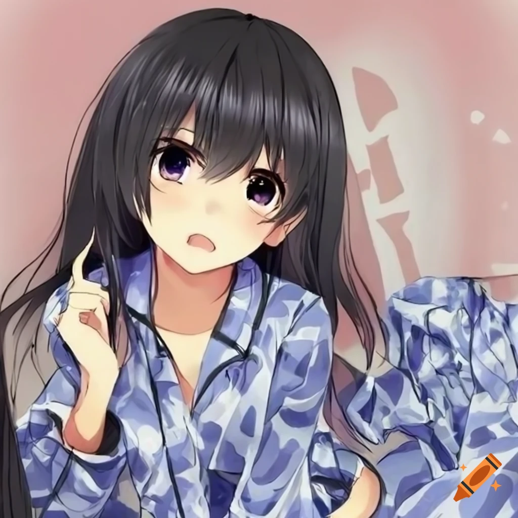 Cute anime girl in pajamas with long black hair on Craiyon
