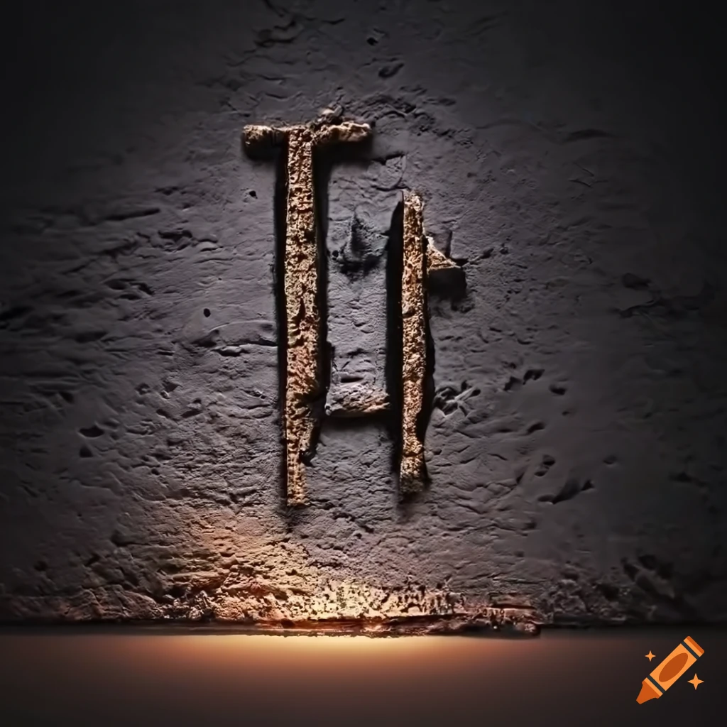 Engraved ancient alphabet on wet shale rock on Craiyon