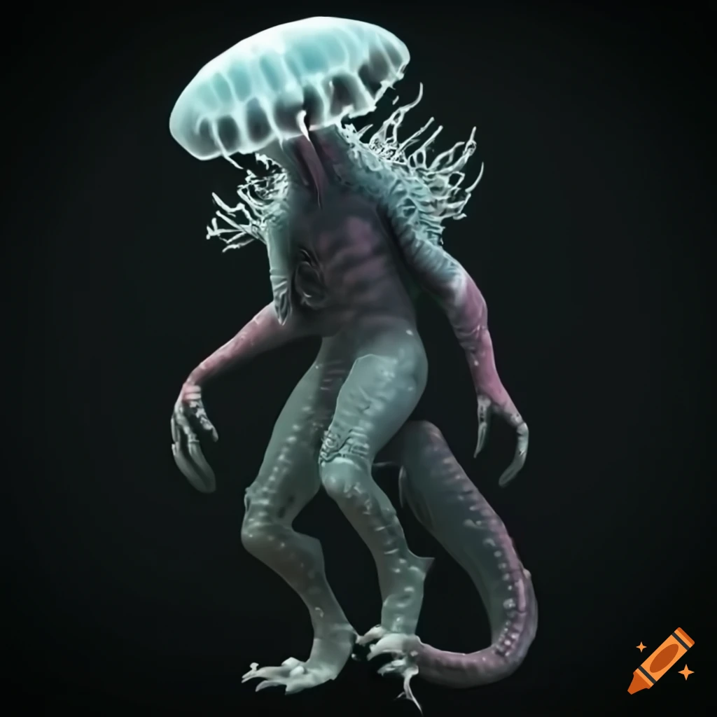 art of a jellyfish-reptile hybrid kaiju monster destroying a city