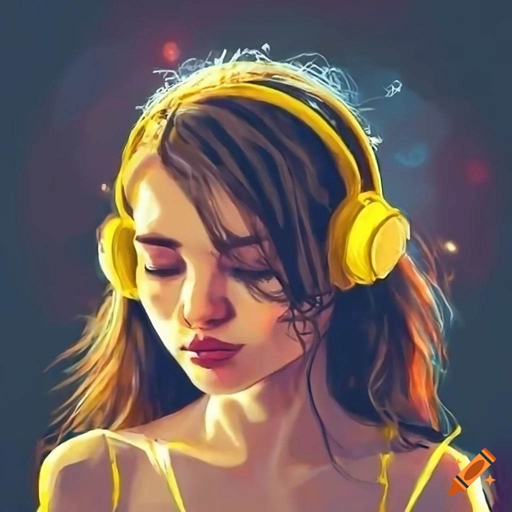 Girl with yellow headphones looking at city lights on Craiyon