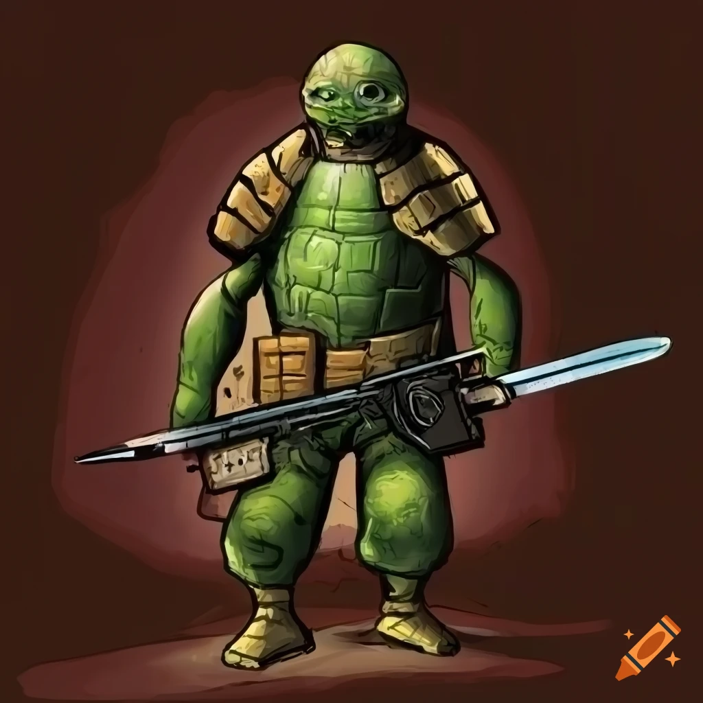 illustration of a tortoise man soldier with an electric sword