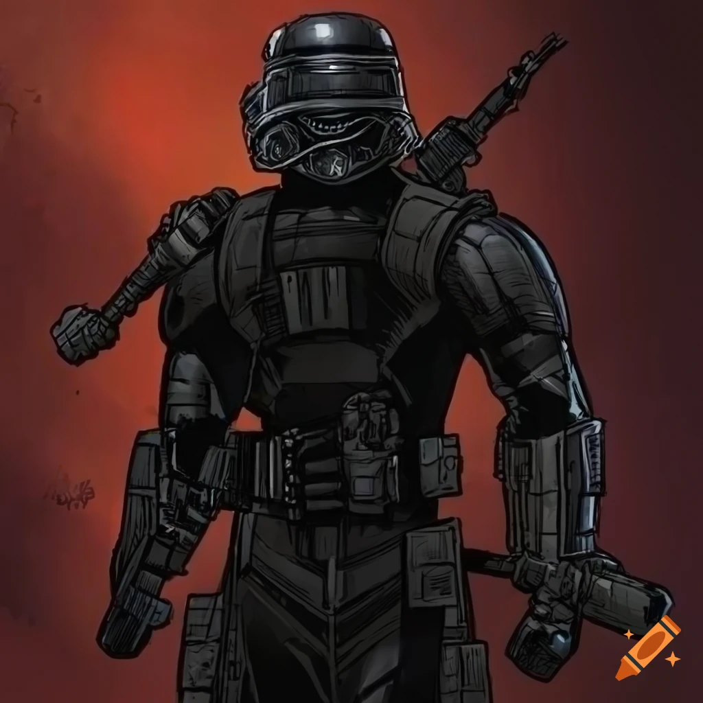 black lawless soldier in a scifi comic style