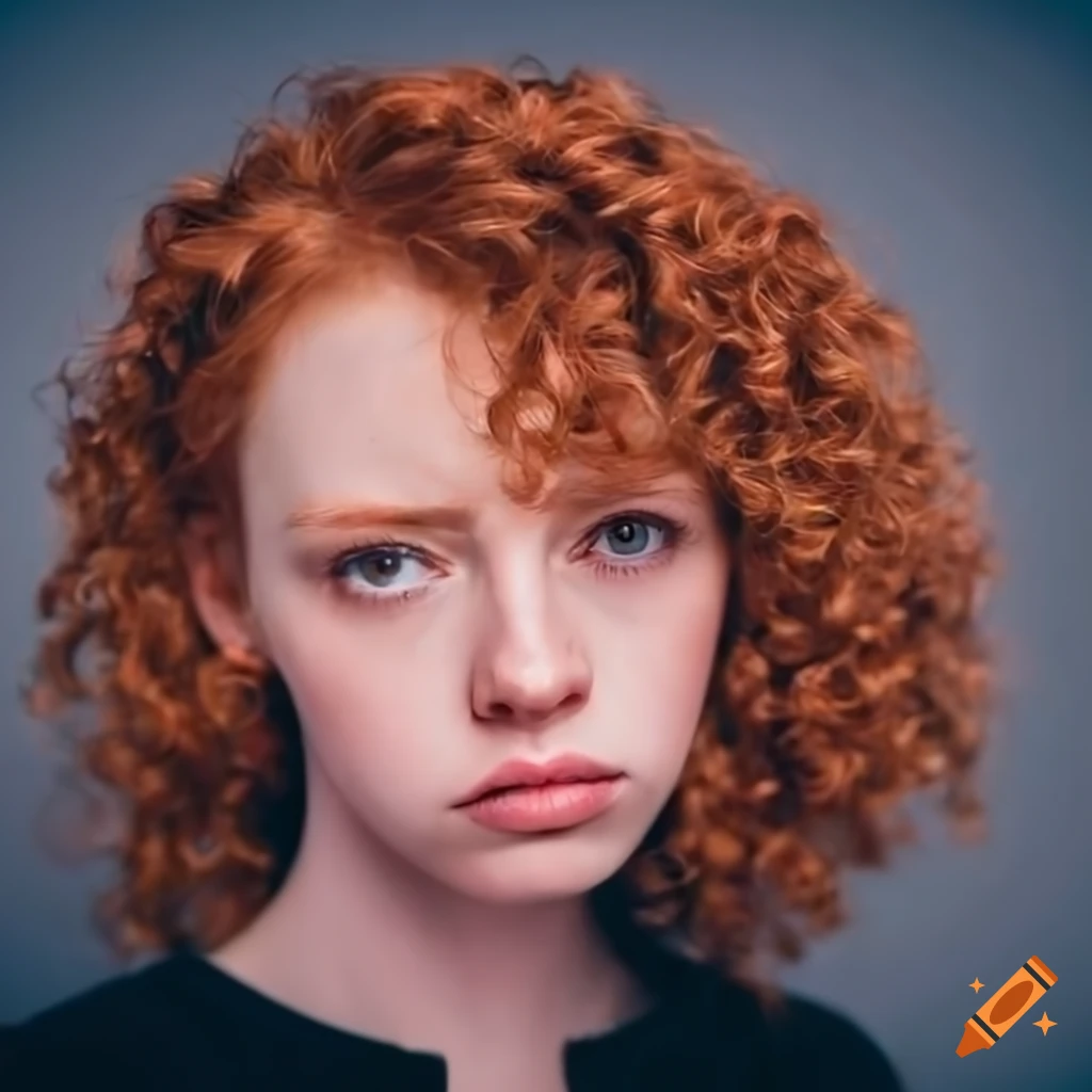 Close-up portrait of a young woman with sad eyes and curly hair