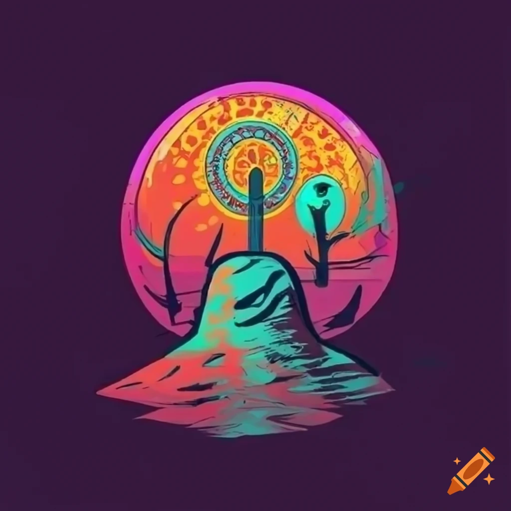 comic style logo with hand holding a shovel in a desert