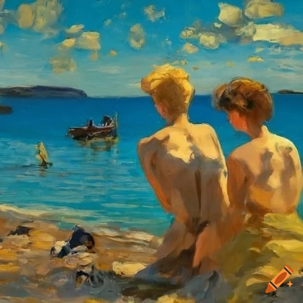 oil painting of sunbathers by the sea in Norway