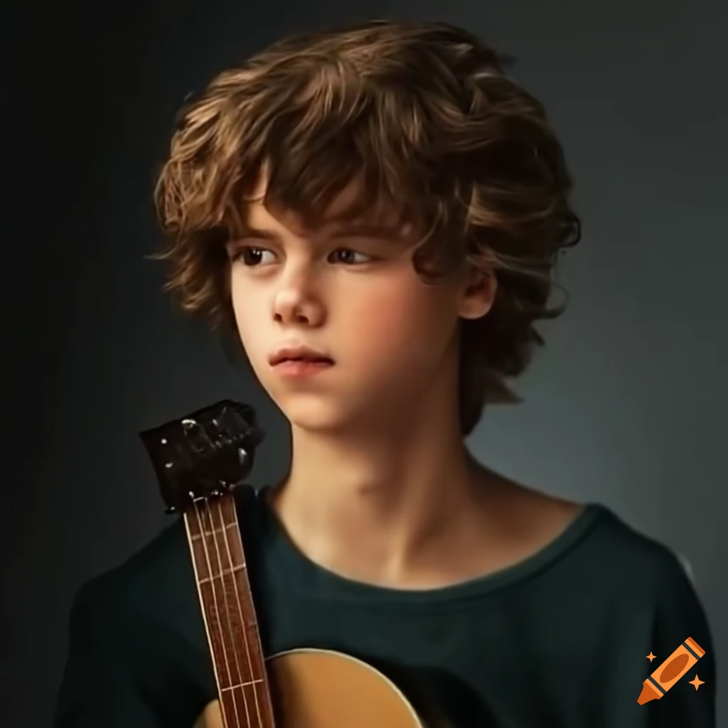 Teenager playing guitar with green eyes and brown hair on Craiyon