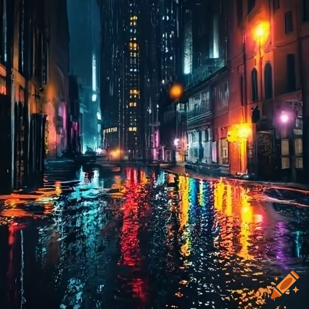 city street at night in the rain