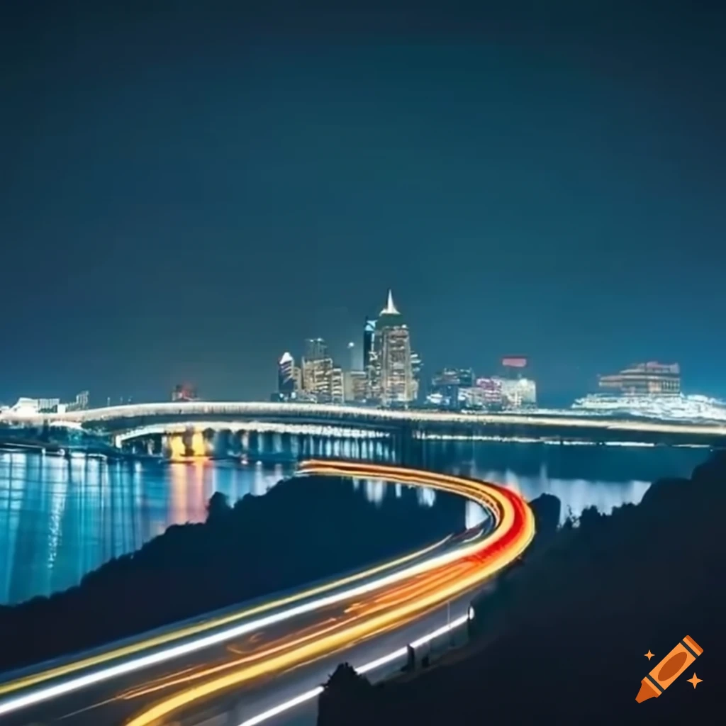 aerial view of a coastal highway in a city at night