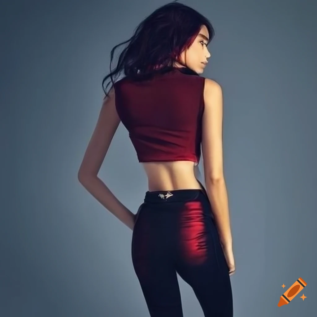 Woman wearing black and red flared pants, large hips, close up from behind,  realistic style on Craiyon