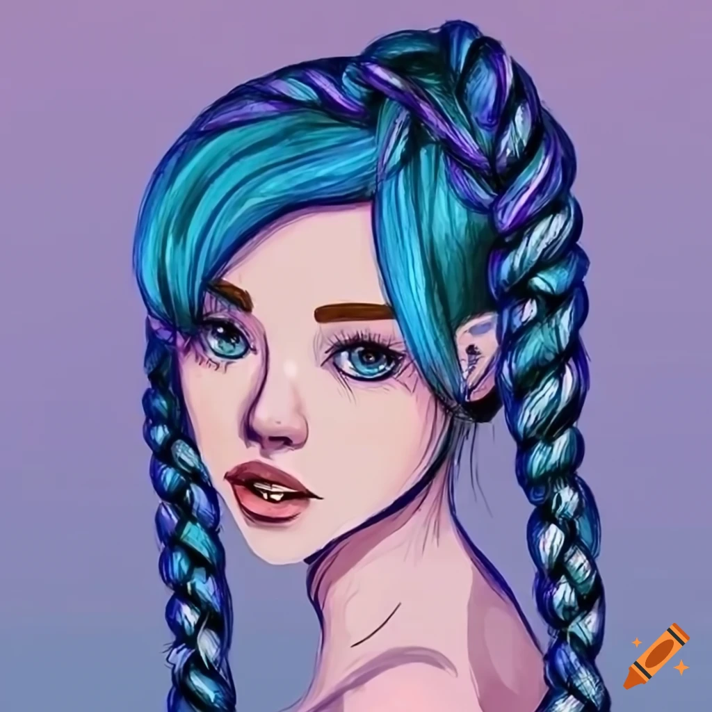 Drawing of a girl with blue and purple braids