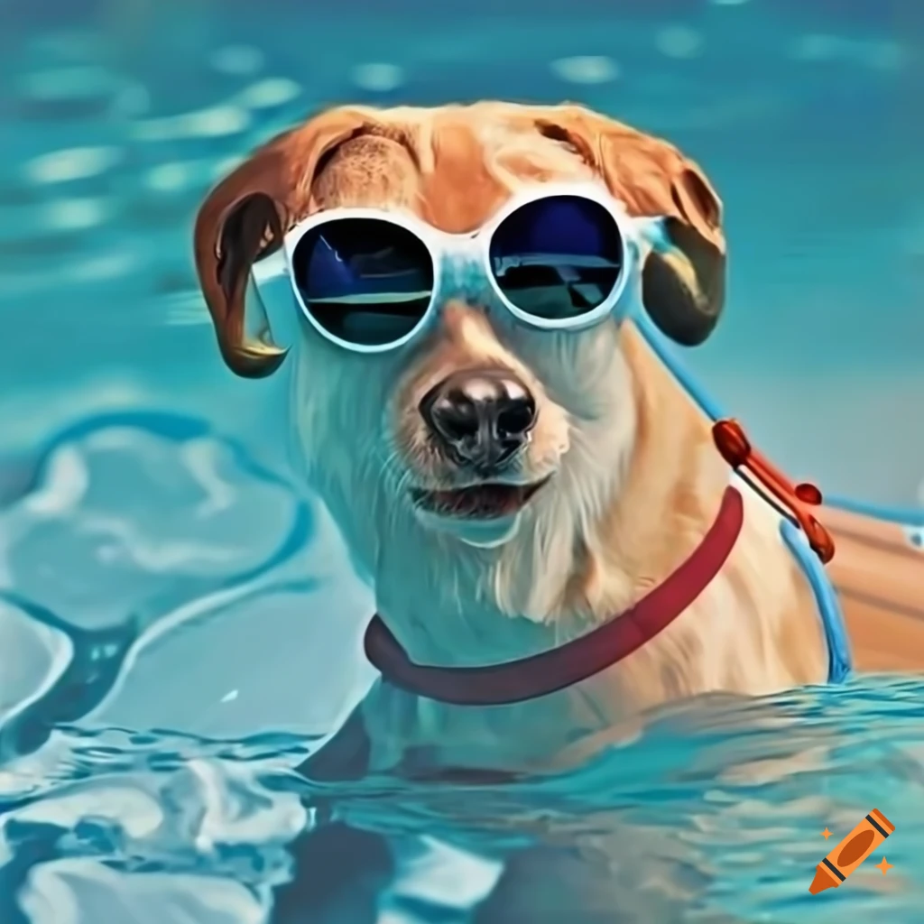 Dog in sunglasses and pipe chilling in the pool on craiyon