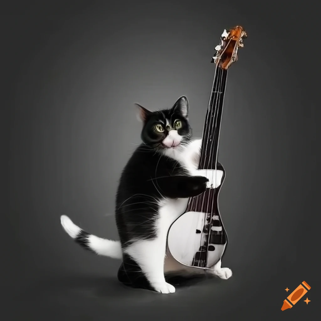 Black and white cat playing bass