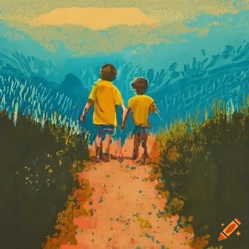 Pointillist painting of two brothers walking towards a joyful landscape on Craiyon