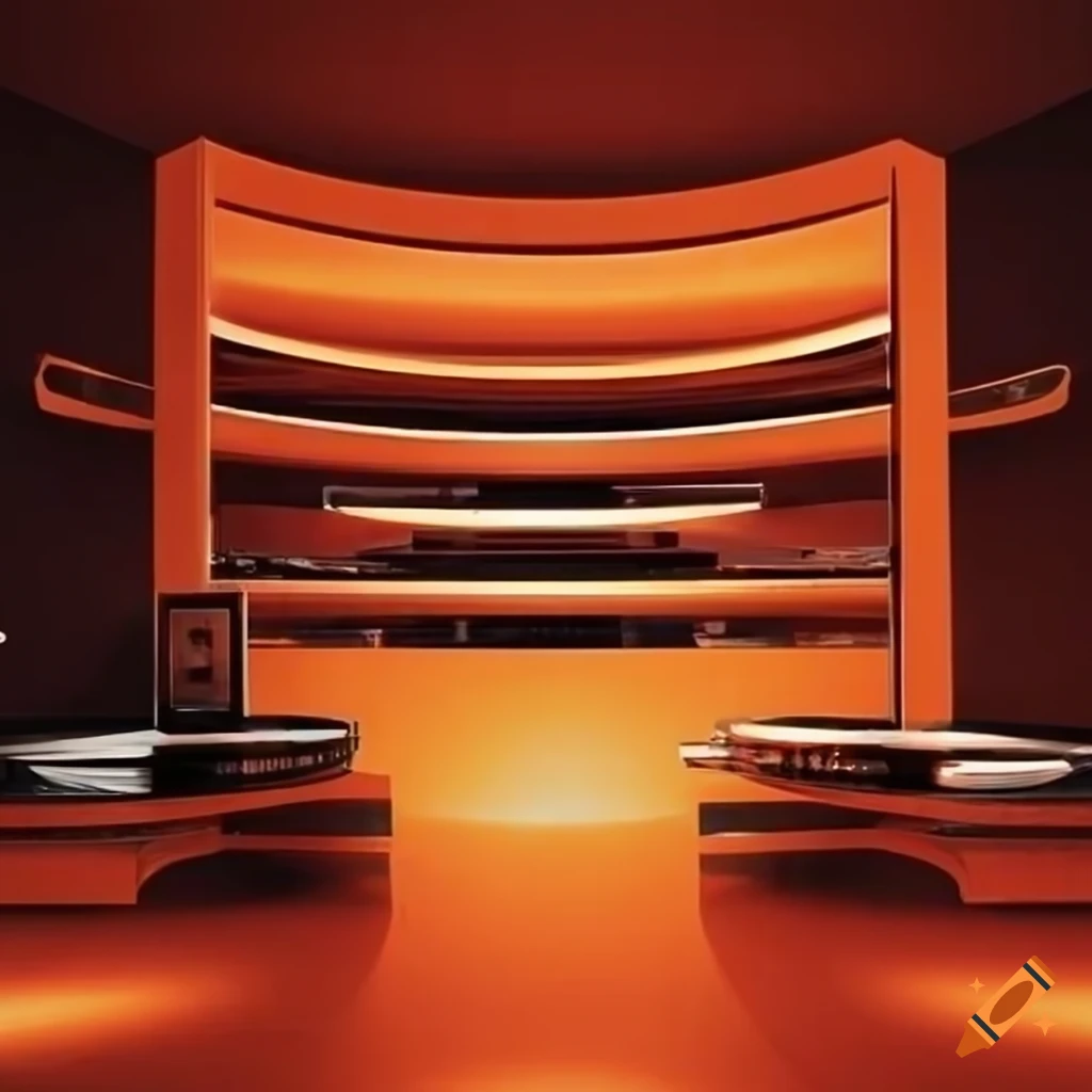 futuristic-white-and-orange-room-with-vinyl-records-on-shelf-and-floor