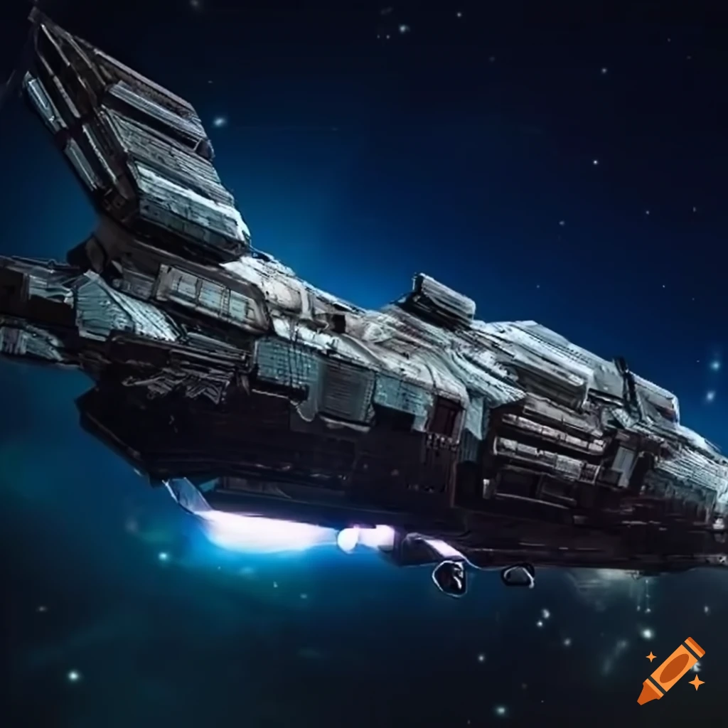 Futuristic cargo spaceship drifting through space on Craiyon