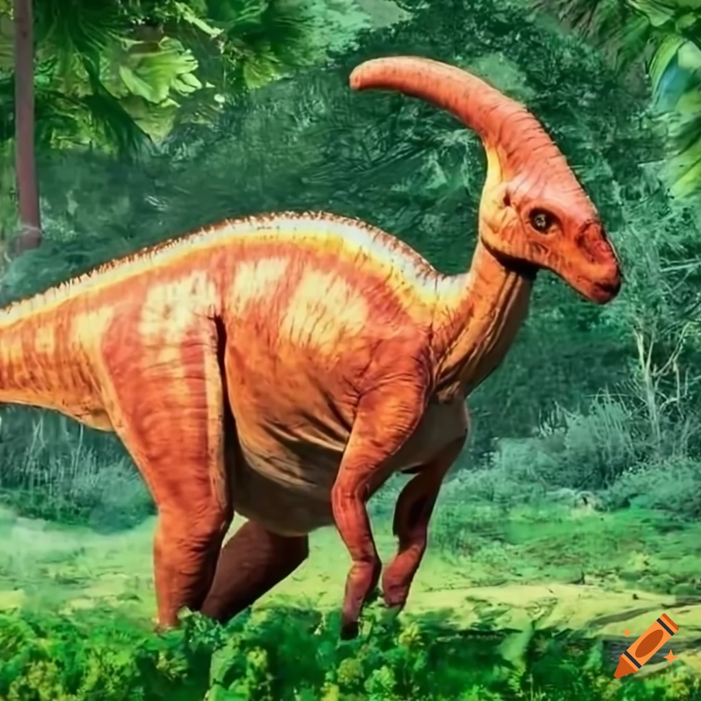 Image of a large orange parasaurolophus in tall vegetation on Craiyon