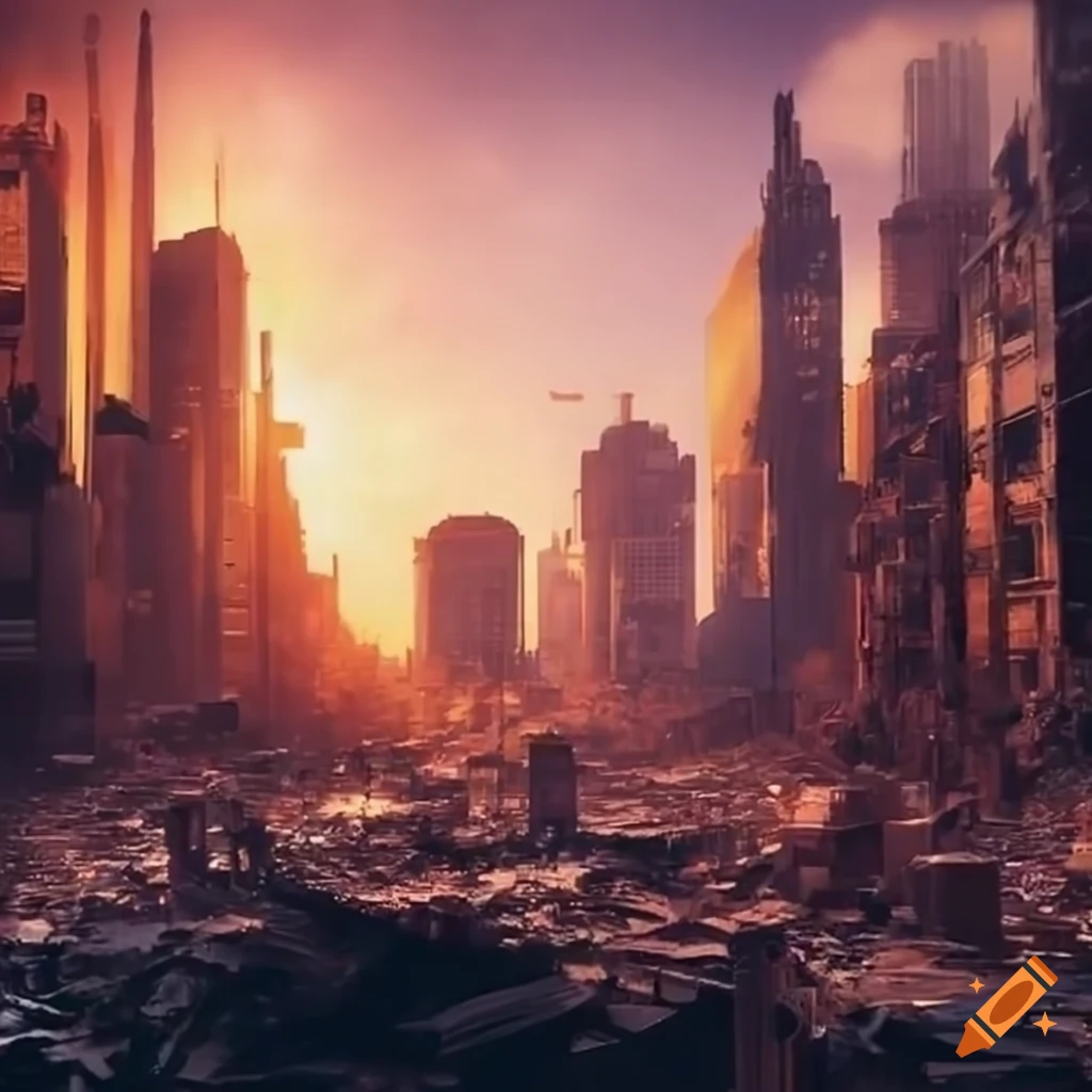 sunset over a destroyed city