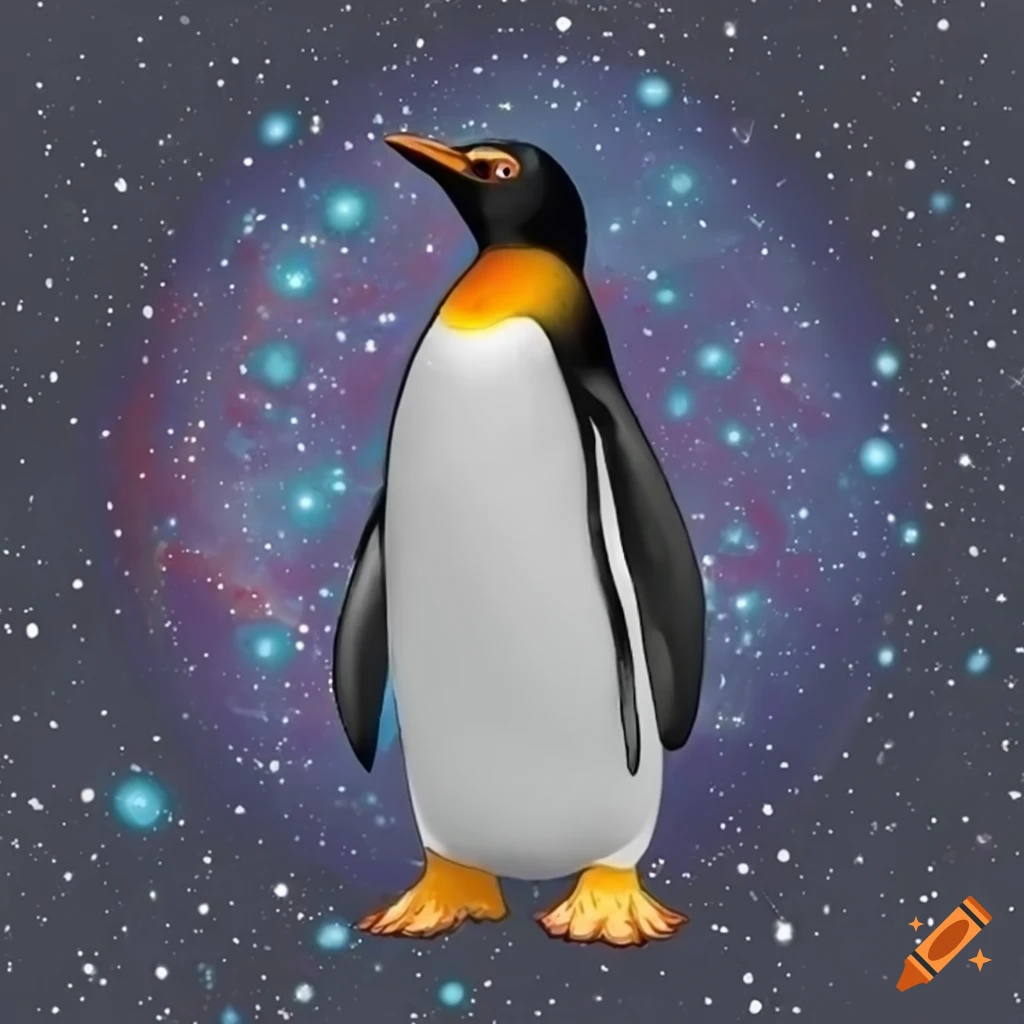 A penguin floating in outer space on Craiyon