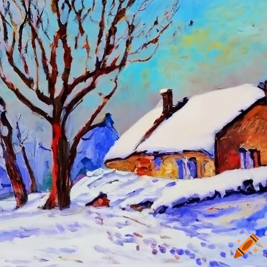 oil painting of a snow-covered countryside with a charming French country house
