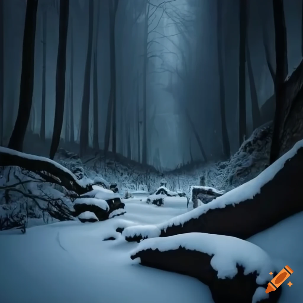 snowy winter cave in a dark forest