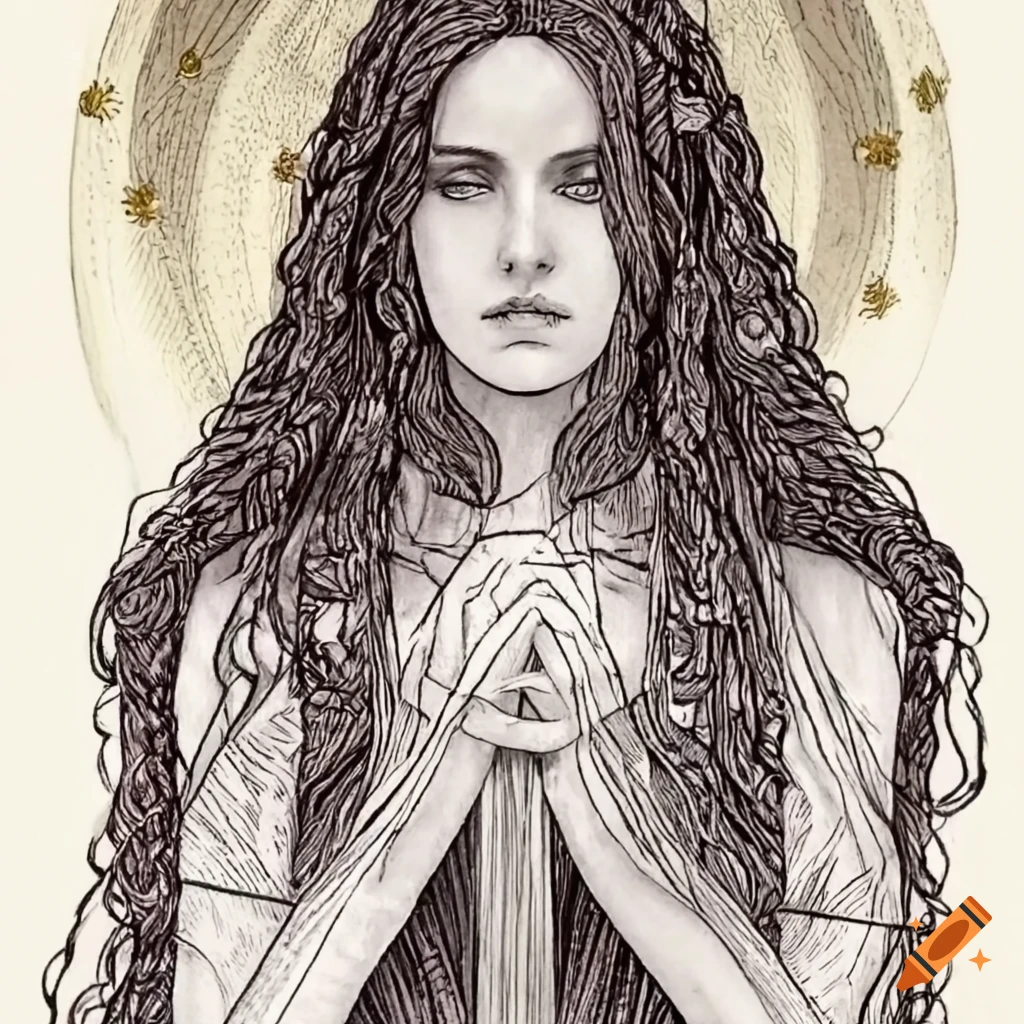 Line art of a woman with weaving loom in tarot style on Craiyon