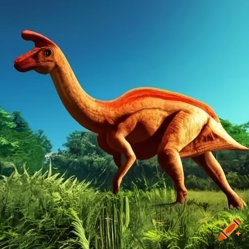 Gigantic orange parasaurolophus in tall vegetation
