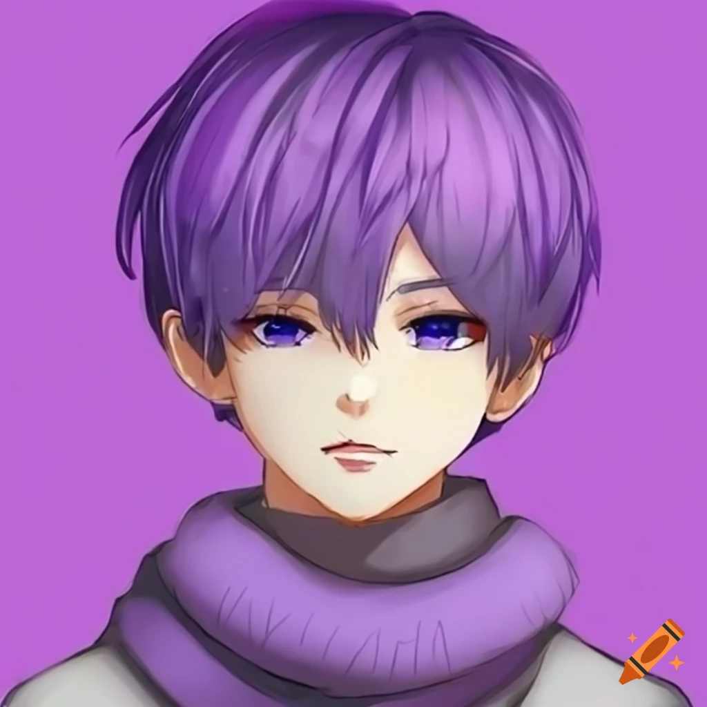 Cute purple anime boy with big eyes and short scarf on Craiyon