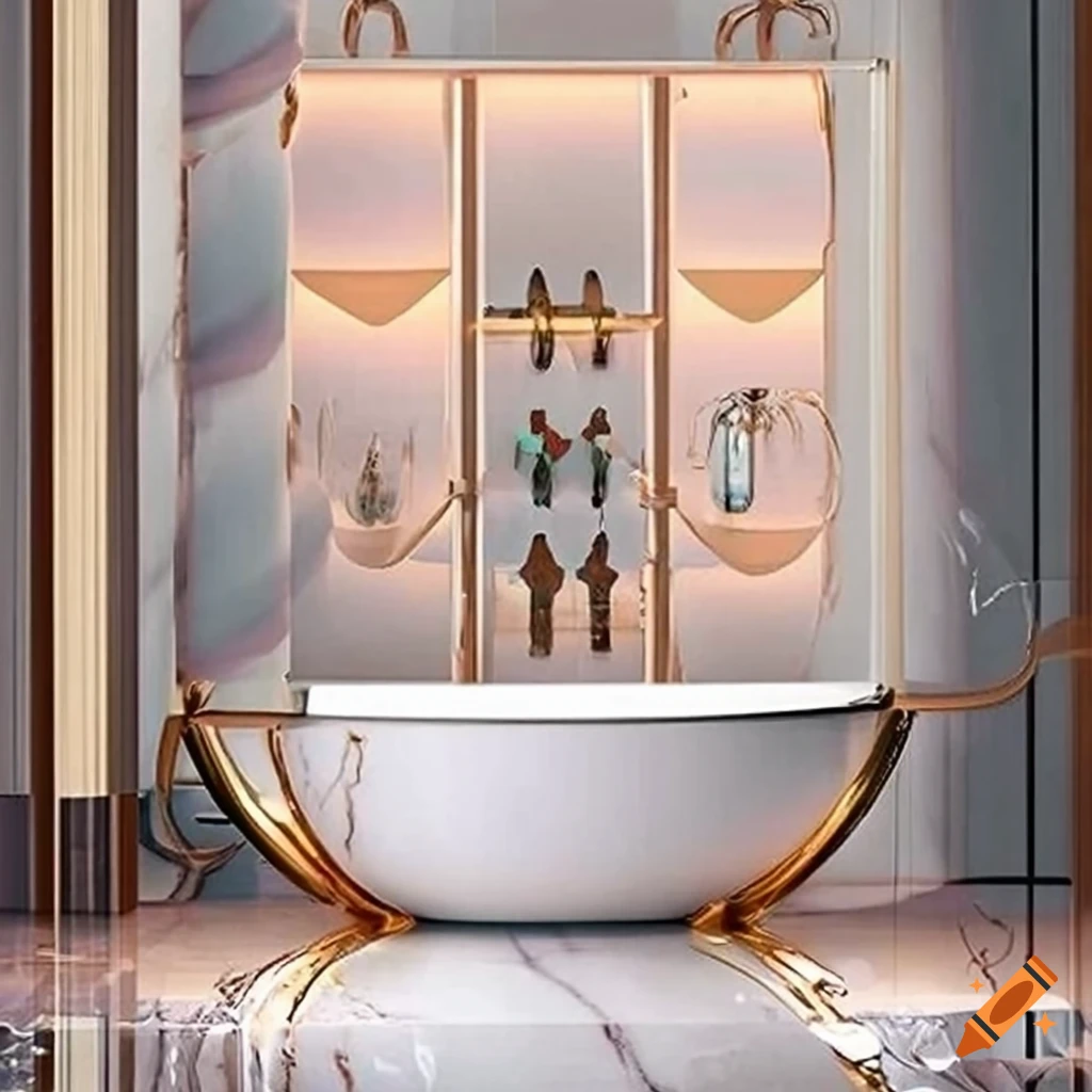 Luxurious bathroom with marble floors and golden fixtures on Craiyon