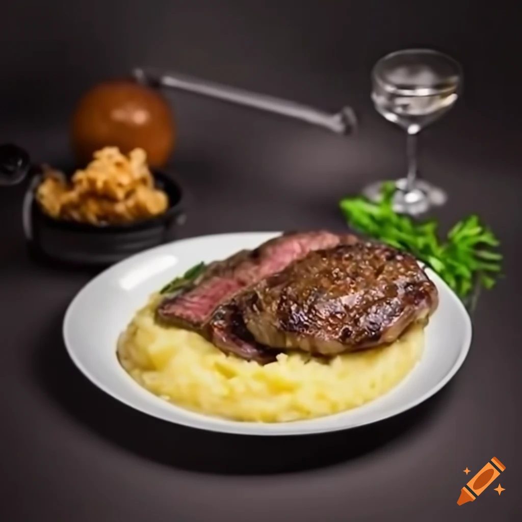 Delicious steak with mashed potatoes and cheesy macaroni on Craiyon