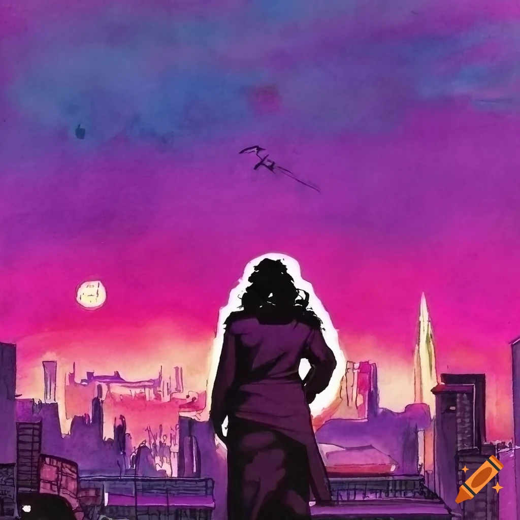 Neonoir cyberpunk illustration with dramatic scene