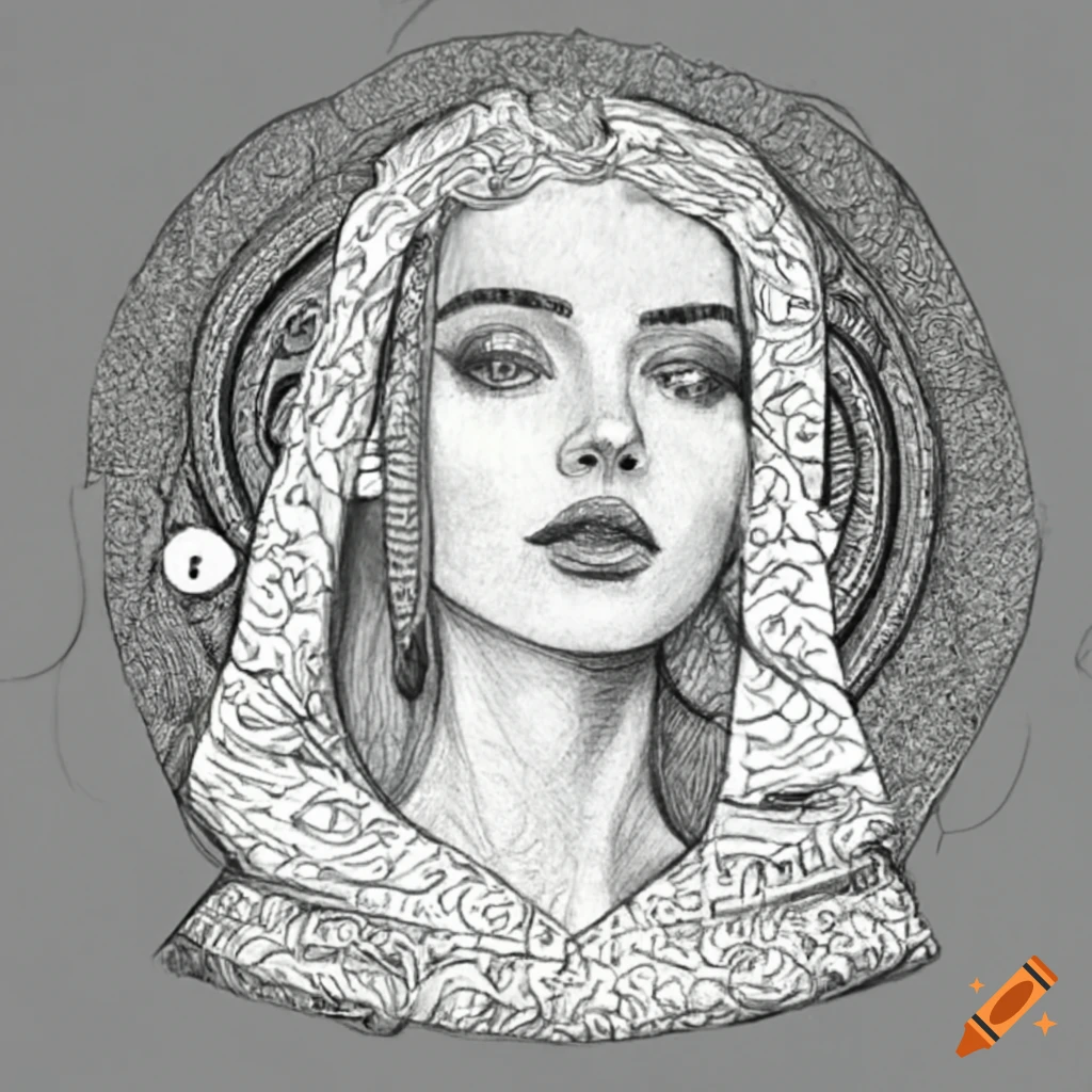 Line art of a cloaked woman with a weaving loom on craiyon