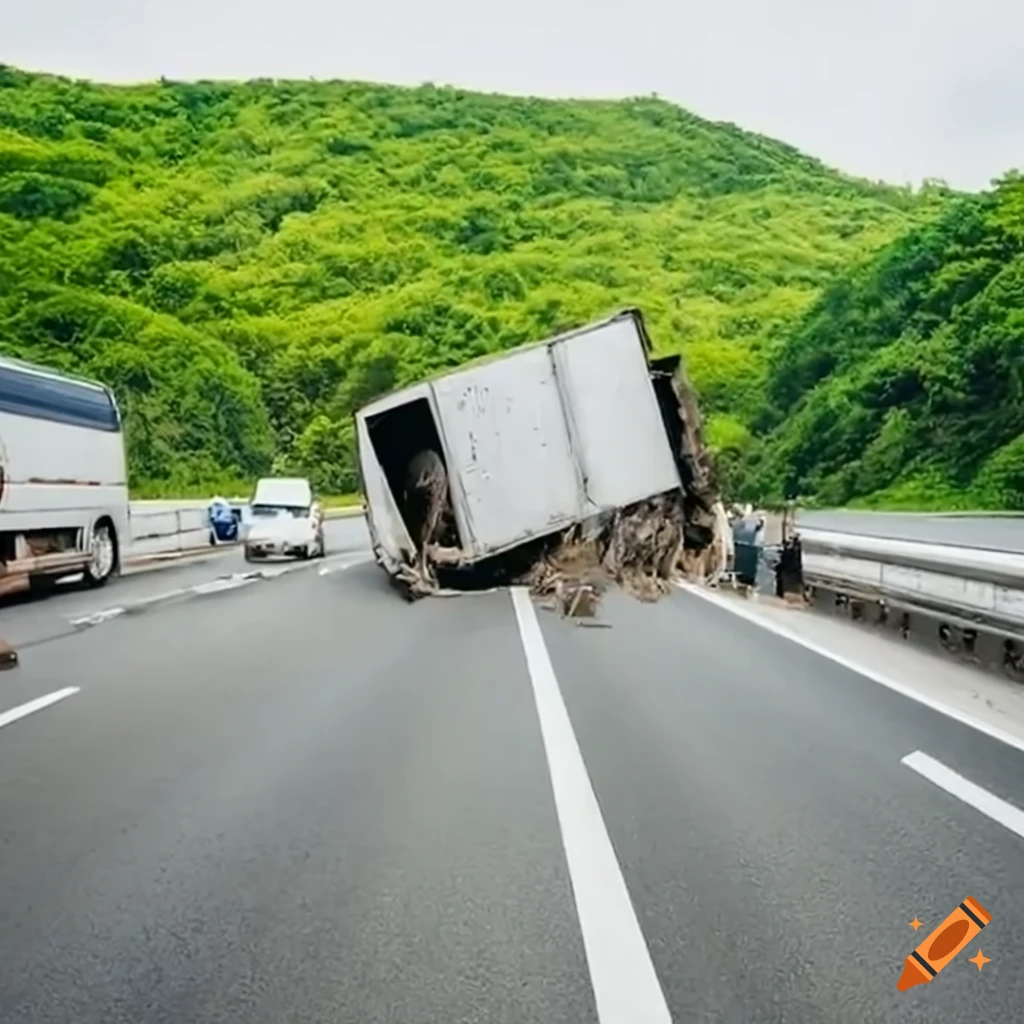 crashed ISUZU trailer truck on a busy Japanese highway