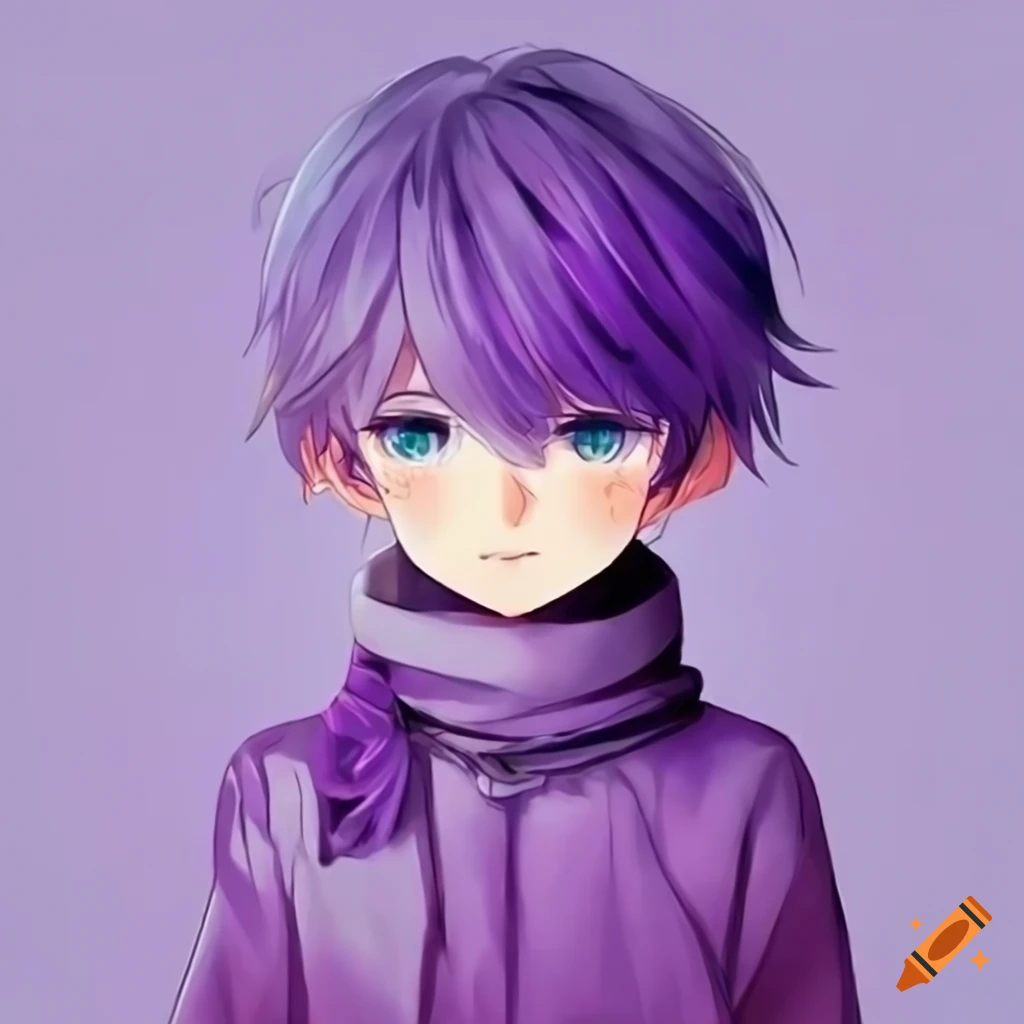 Cute purple anime boy with big eyes and short scarf on Craiyon
