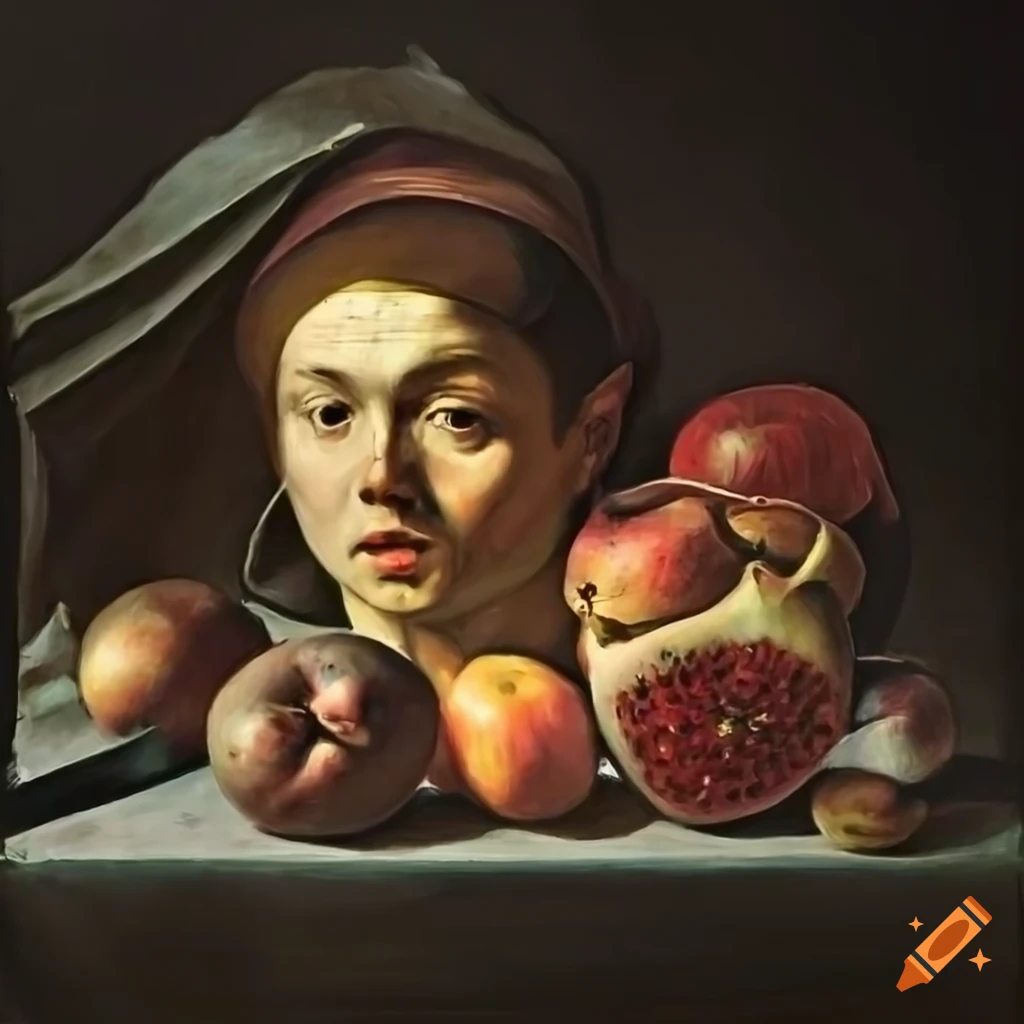 Caravaggiostyle oil painting of a table with exotic fruits