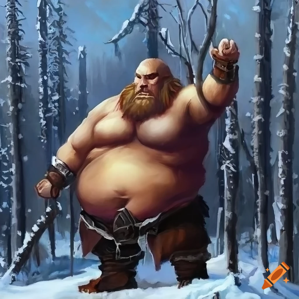 oil painting of a fat barbarian in a winter taiga