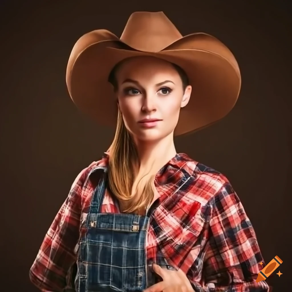 fashionable female rancher in plaid and overalls
