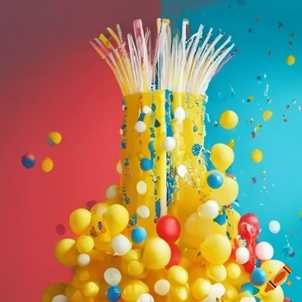 Vibrant party decorations in white, yellow, red, and blue