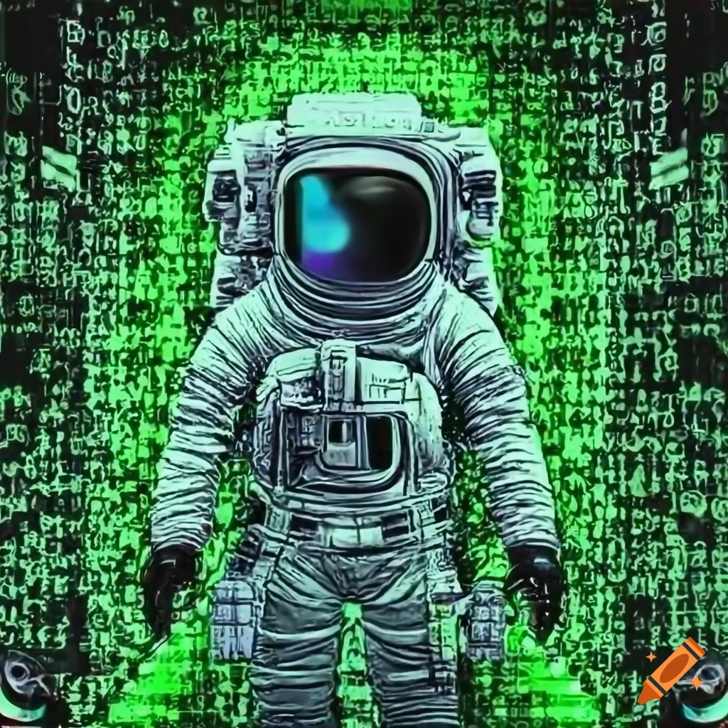 Psychedelic astronaut with green binary code background on Craiyon