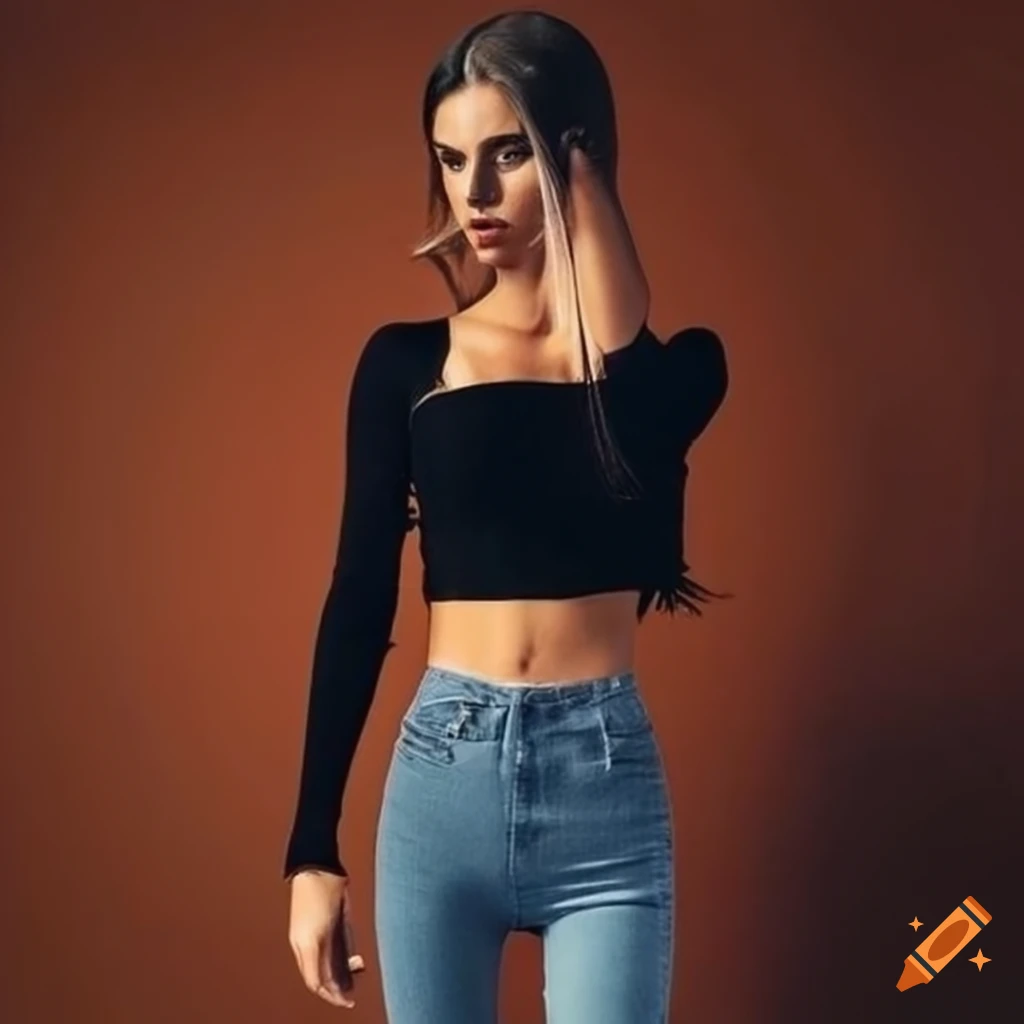 Stylish outfit with blue skinny jeans and a black-dark orange crop top ...
