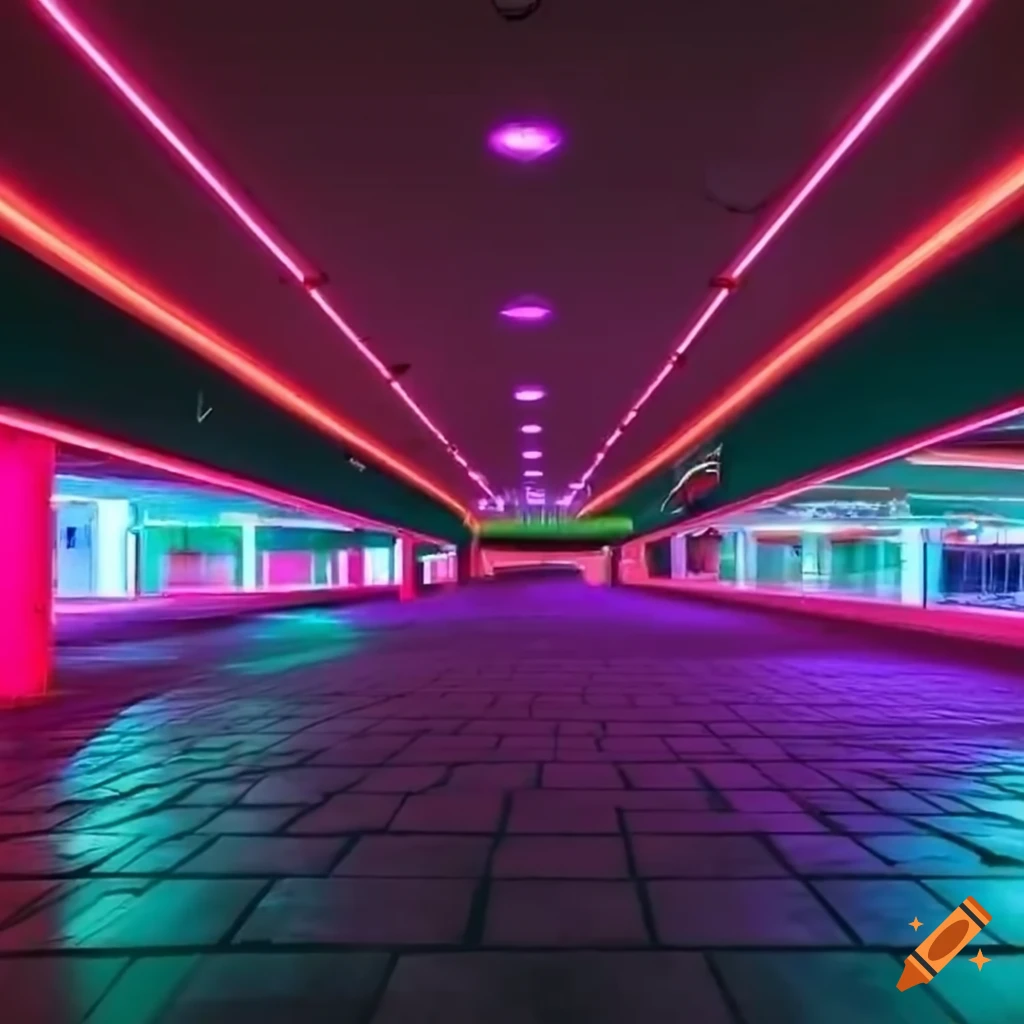 neon lights illuminating an empty mall