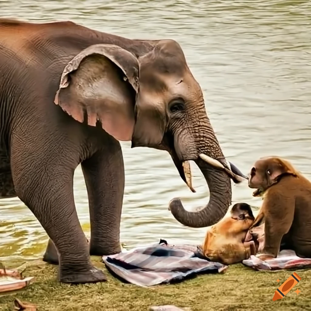 Elephant and monkey having a picnic by the river