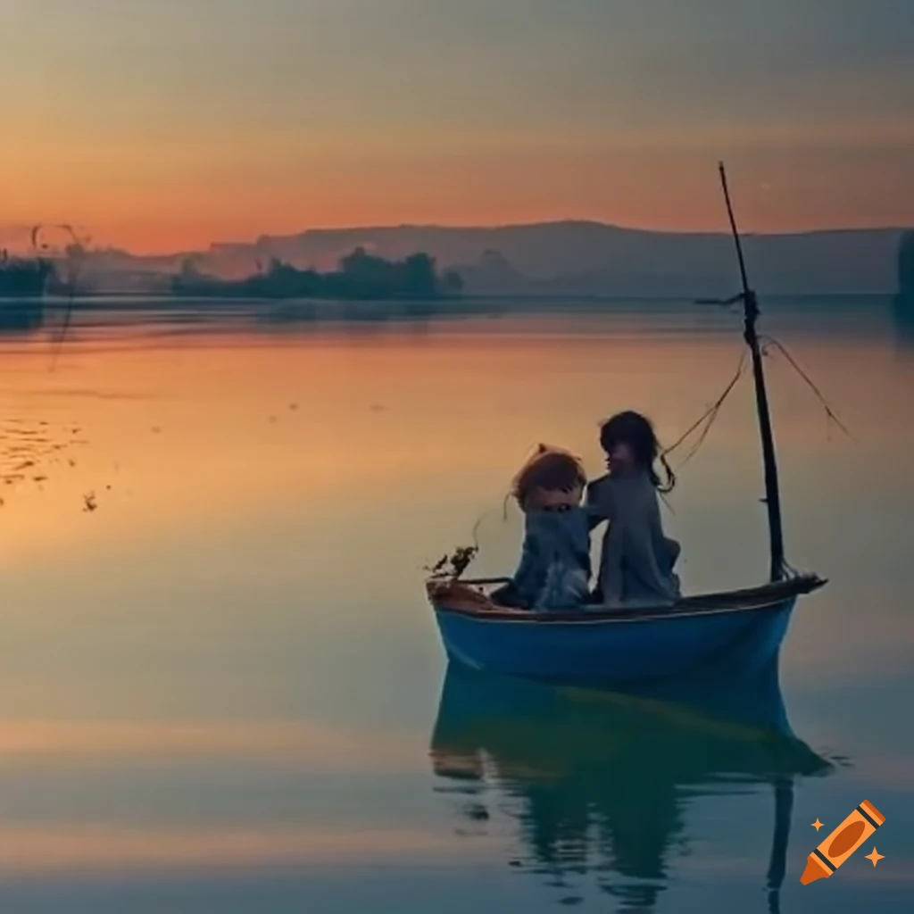 children in an old fisherboat at morning
