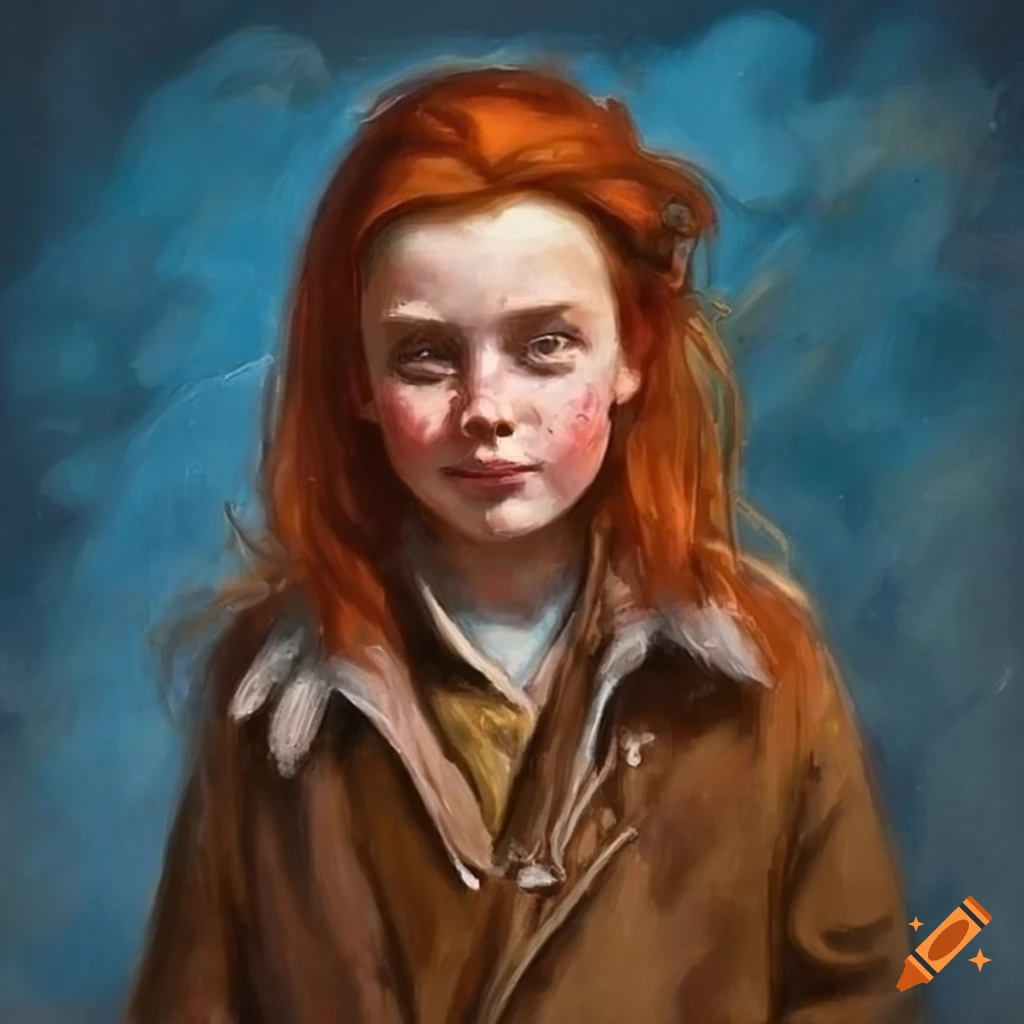 Oil painting of a smiling red-haired girl with freckles
