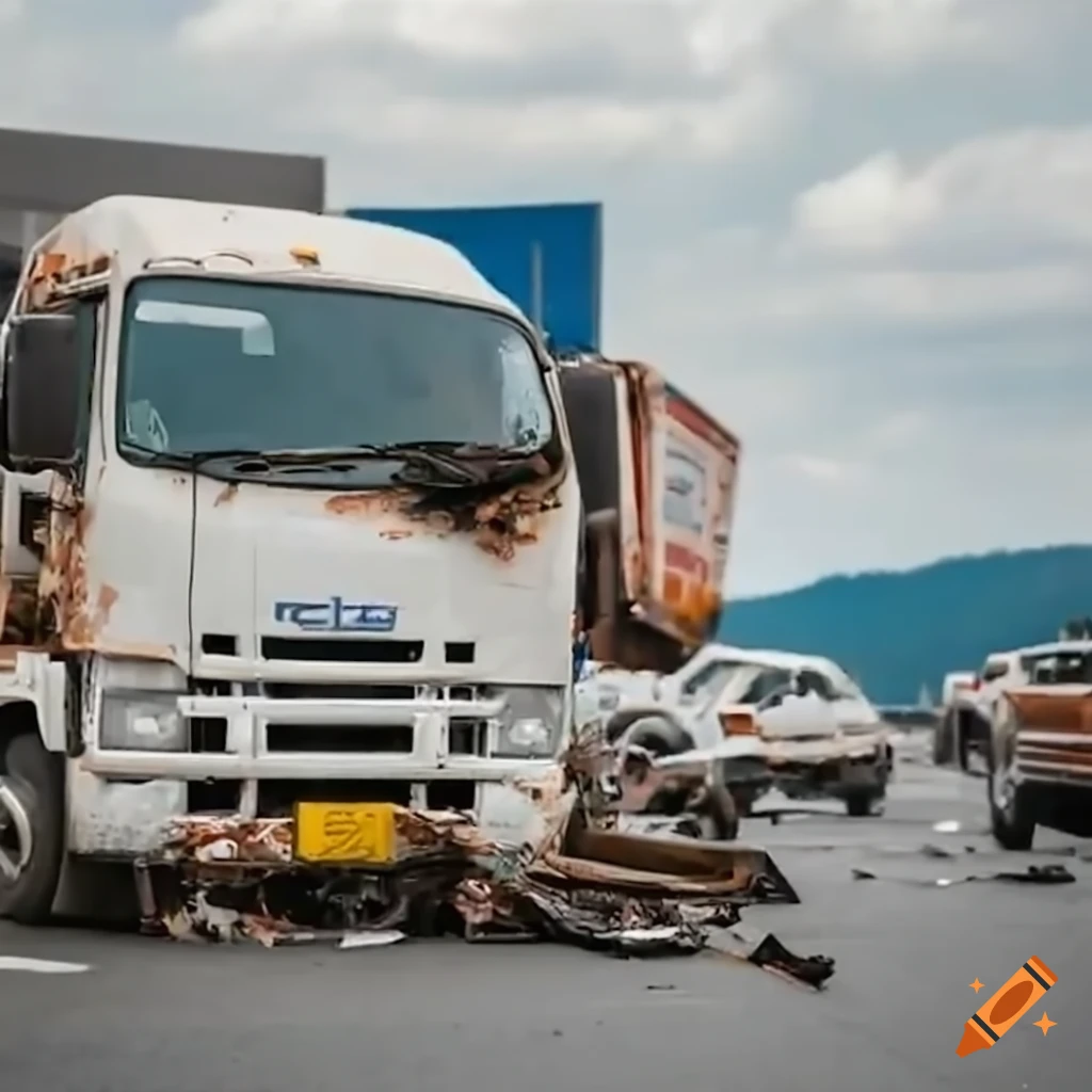 damaged ISUZU trailer truck on a Japanese highway