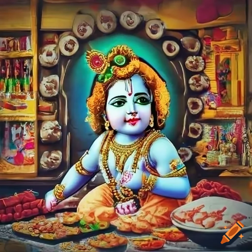 Lord krishna enjoying sweets in a colorful shop on Craiyon