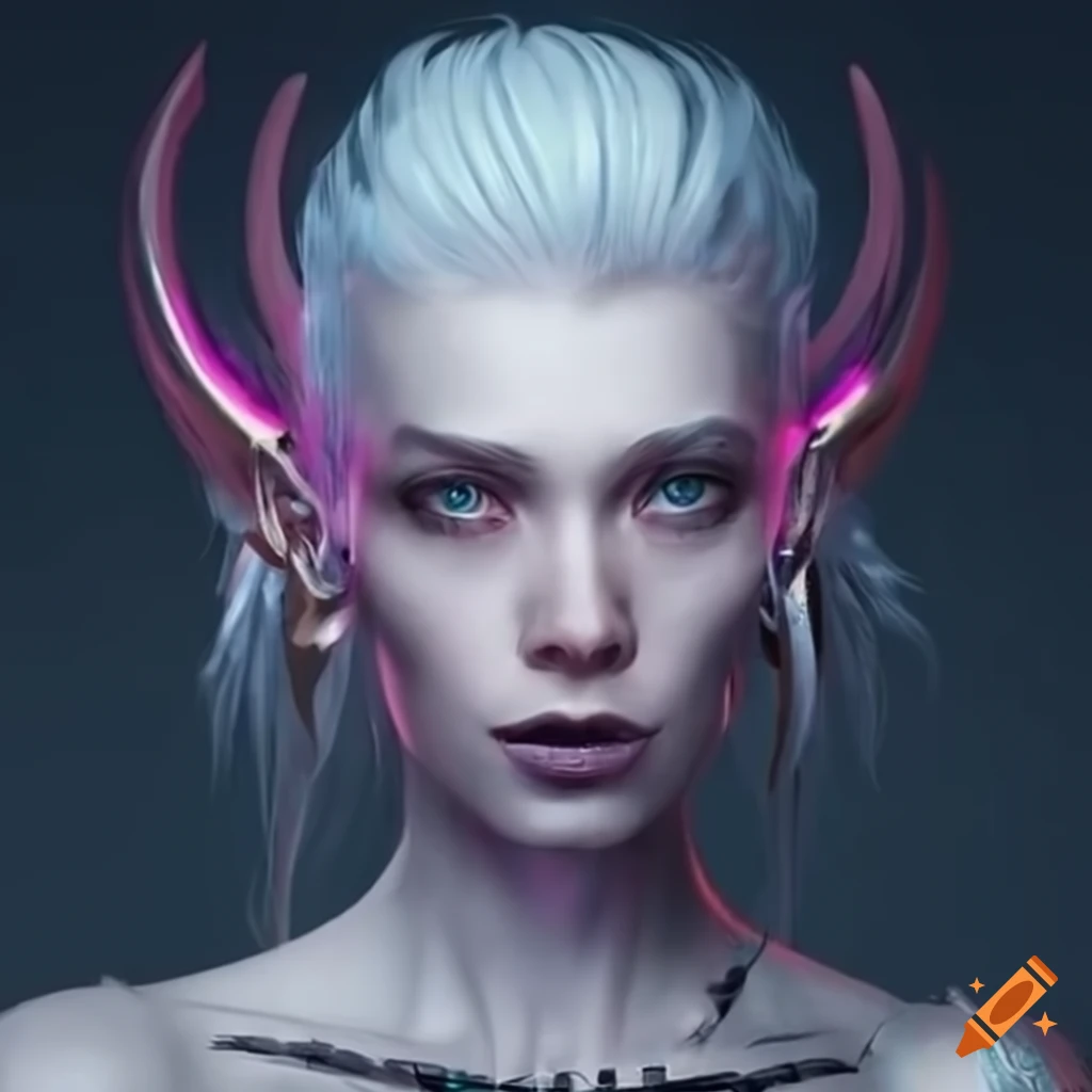 cyberpunk white-haired elf with visible implants