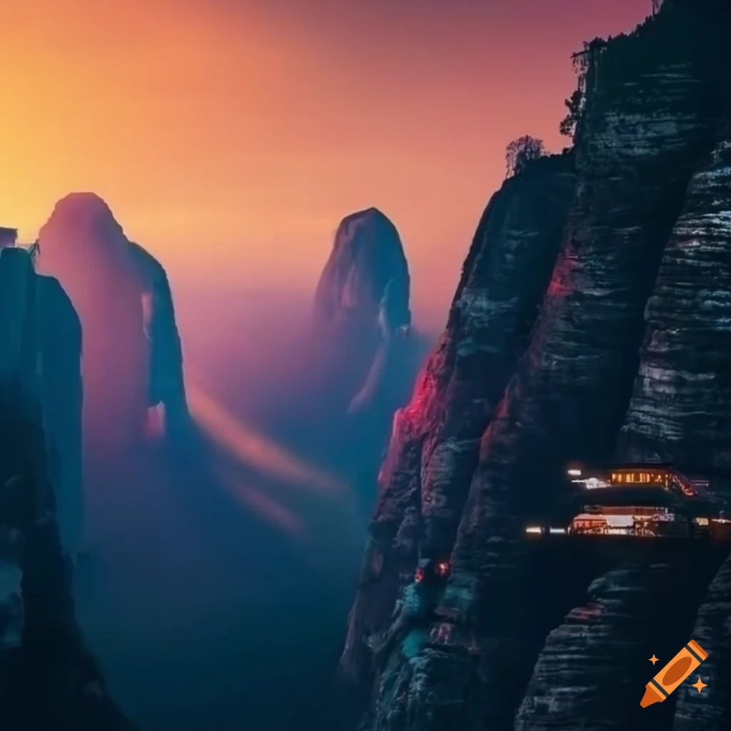Cyberpunk style mountains with a spaceship landing on Craiyon