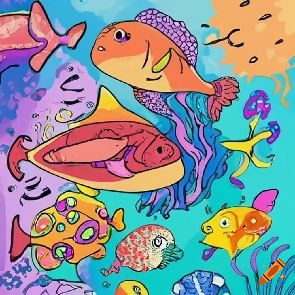A Child S Drawing of an Underwater Scene, Creatures Swimming in the Ocean  Stock Illustration - Illustration of swimming, childhood: 274570539